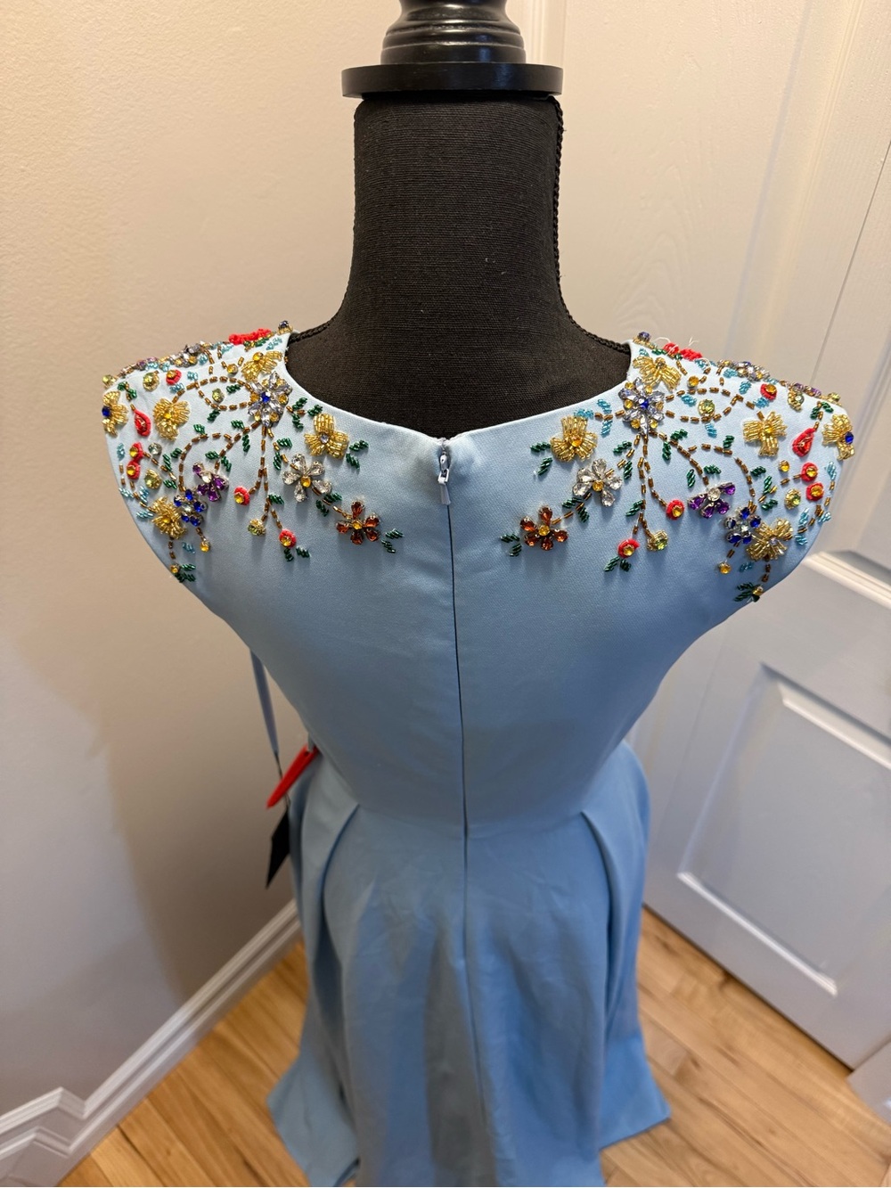 Mac Duggal Light Blue V-Neck Evening Dress with Multicolor Bead Embroidery - Picture 9 of 15